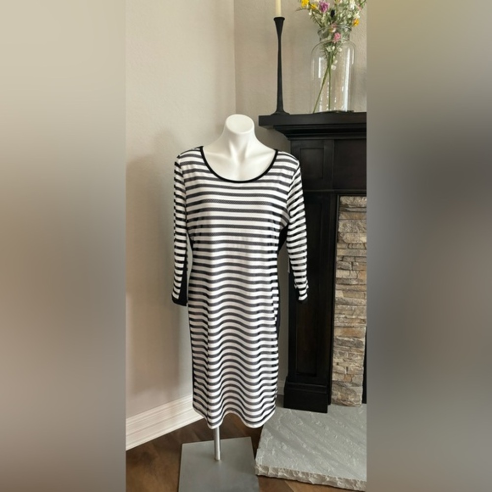 Tribal Black and White Open Weave Striped Bodycon 3/4 Sleeve Dress XL NWT